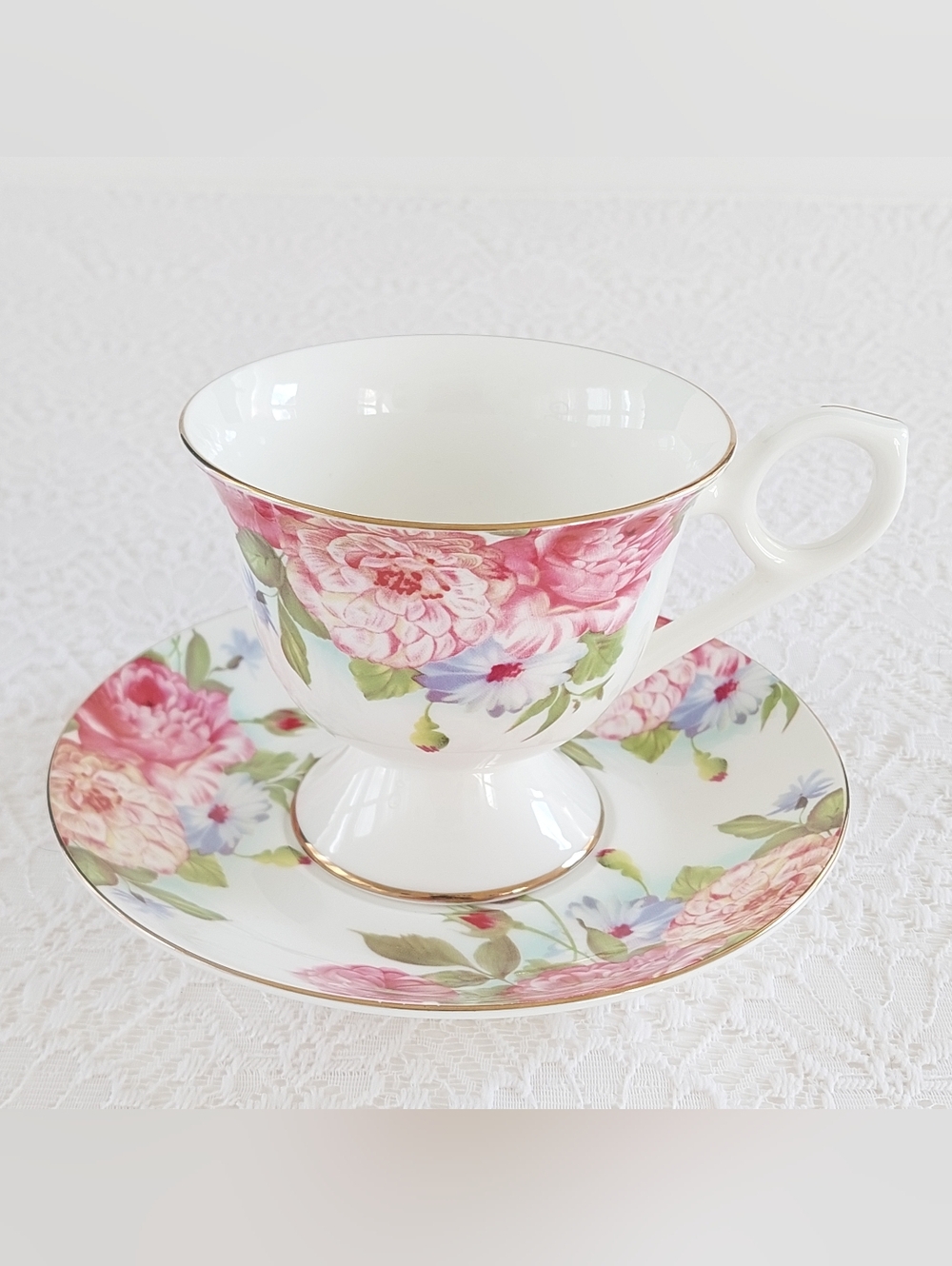 Gracie Porcelain "Sandra's Rose" Footed Teacup & Saucer Set